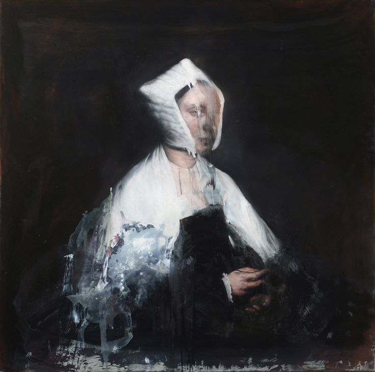 an oil painting of a woman with a white bonnet on her head, holding a black object