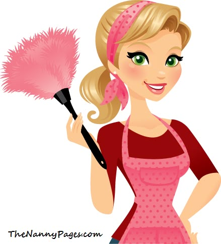 a woman in an apron holding a pink duster