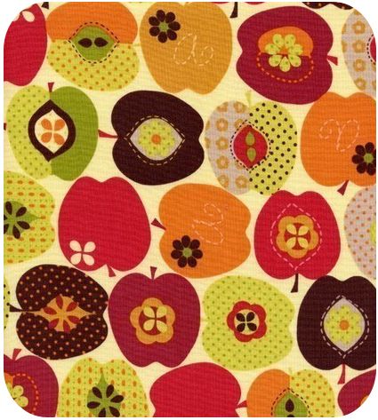 an apple and flower pattern is shown on a white background with red, green, yellow, orange, and brown colors