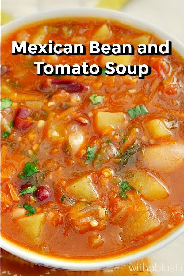 mexican bean and tomato soup in a white bowl with the words, mexican bean and tomato soup