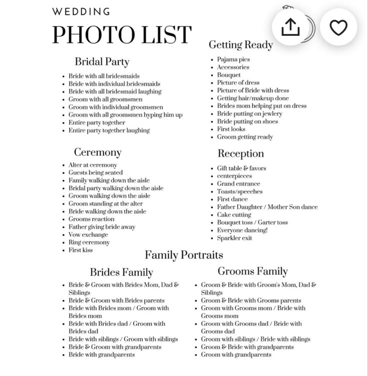 the wedding photo list is shown in black and white