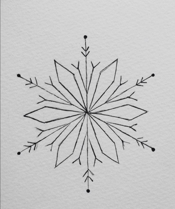 an ink drawing of a snowflake on white paper with black lines and dots