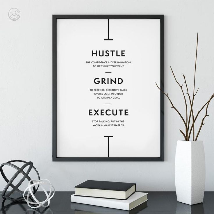 a black and white poster with the words hustle, grind, execute on it