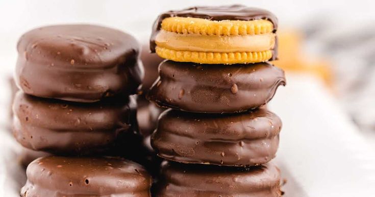 a stack of chocolate covered cookies sitting on top of each other