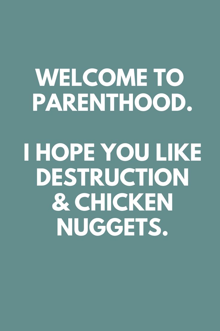 the words welcome to parenthood, hope you like destruction and chicken nuggets