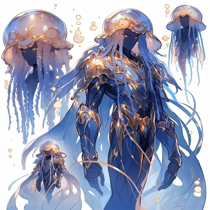 an illustration of jellyfishs with blue skin and white hair, standing in the water