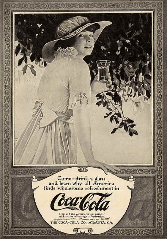 an advertisement for the coca cola company featuring a woman in a dress with a hat