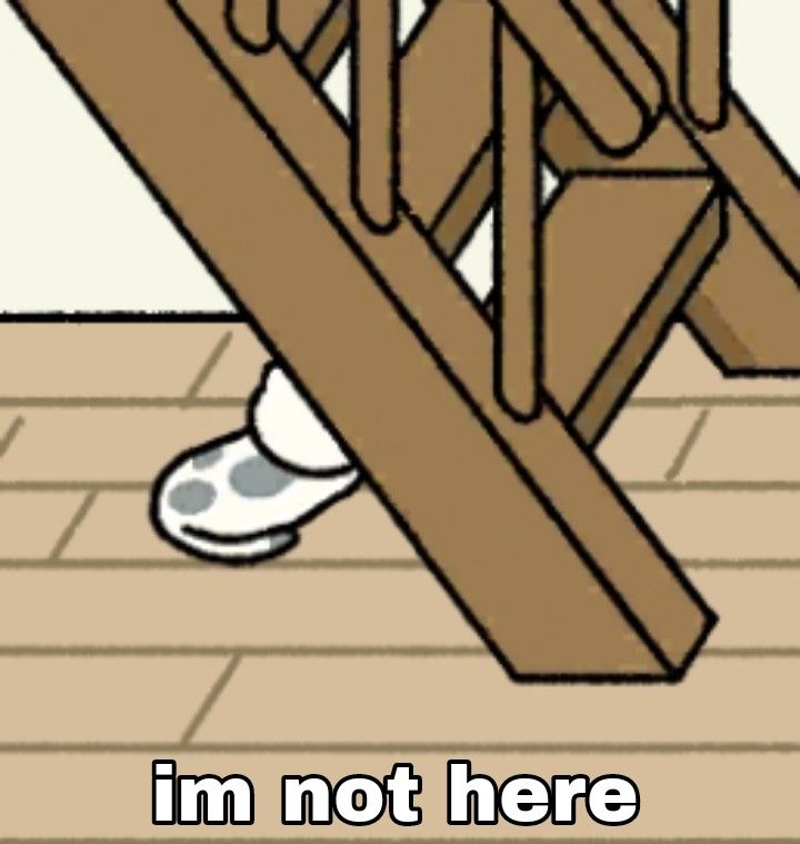 an image of someones feet on the floor under a stair railing that says i'm not here