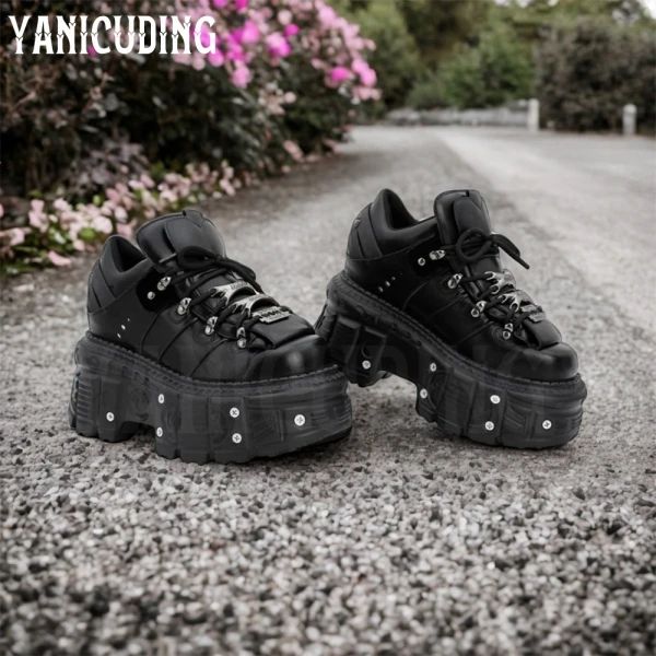 Just found this amazing item on AliExpress. Check it out! $174.21 | Gothic Dark Platform Sneakers Lace-Up Women's Y2K Shoes Punk Style Platform Black Leather Metallic Decoration Fashion Rock Shoes Feminine Vibes, Lace Up Heel Boots, Boot Silhouette, Motorcycle Boot, Y2k Shoes, Gothic Shoes, Chic Aesthetic, Gothic Punk, Punk Style