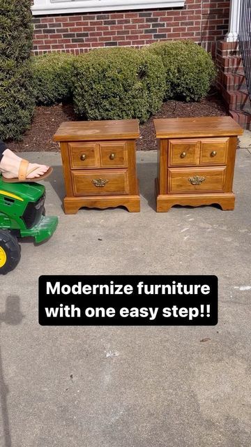 a young boy sitting on a green toy tractor next to two wooden dressers with the words modernize furniture with one easy step