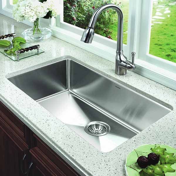 a stainless steel kitchen sink in front of a window with flowers on the countertop