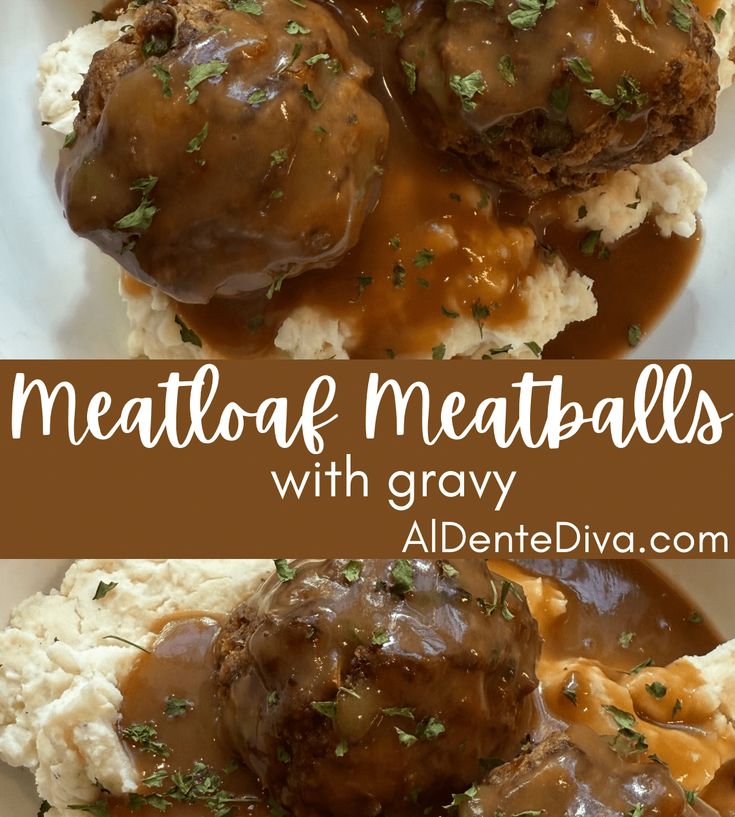 meatballs with gravy on top of mashed potatoes and garnished in gravy