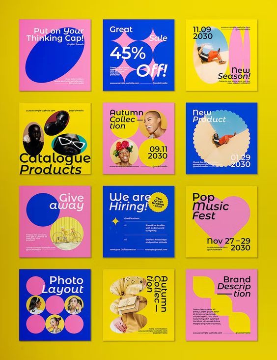 an assortment of brochures are displayed on a yellow background with blue and pink shapes