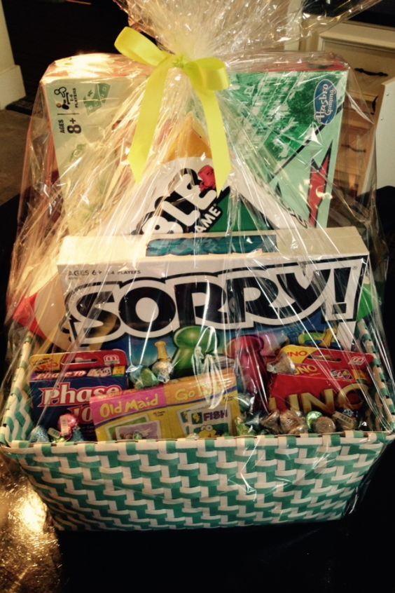 a gift basket filled with candy and snacks