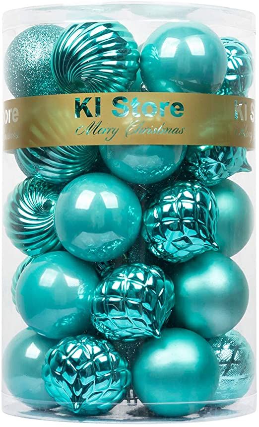 blue and green ornaments in a clear container