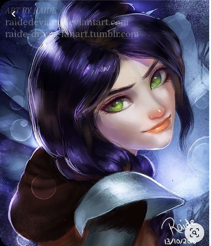 an image of a woman with green eyes and purple hair, holding a knife in her hand