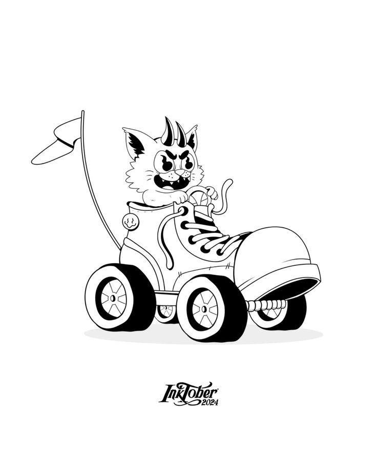 a black and white drawing of a cat driving a toy car with a flag on it