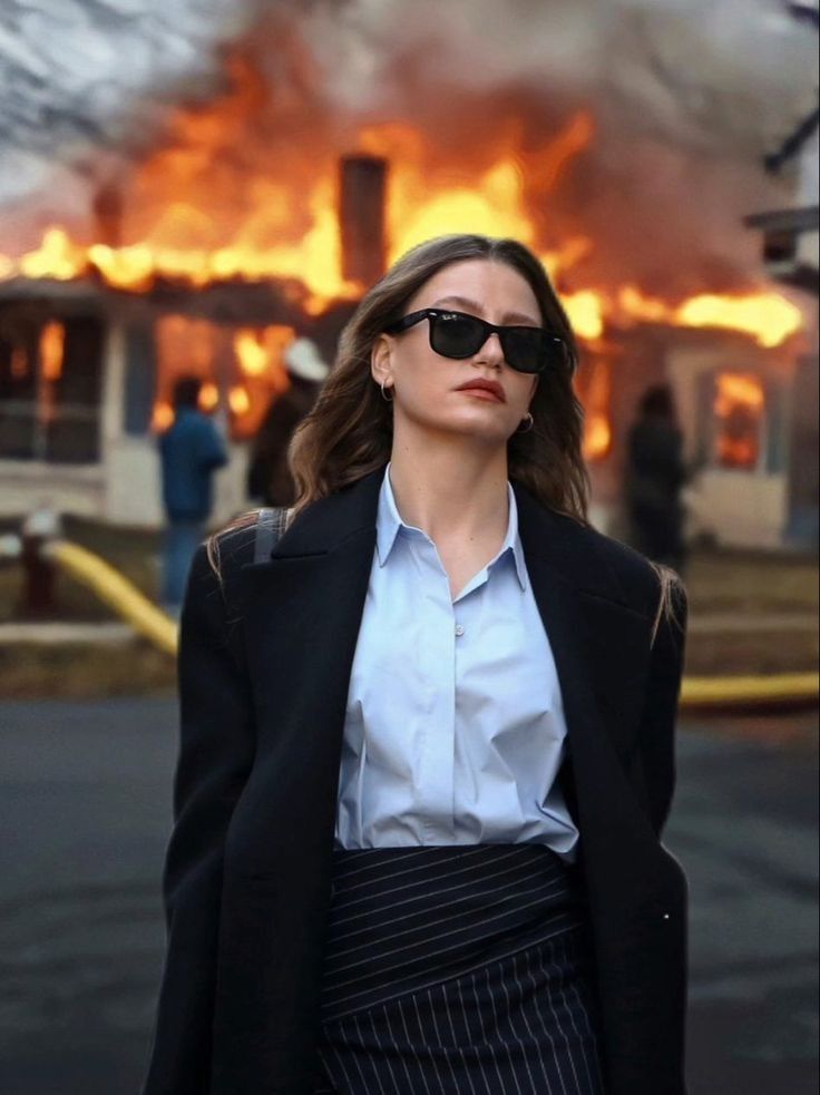 a woman in business attire walking towards a fire burning behind her and people standing on the street