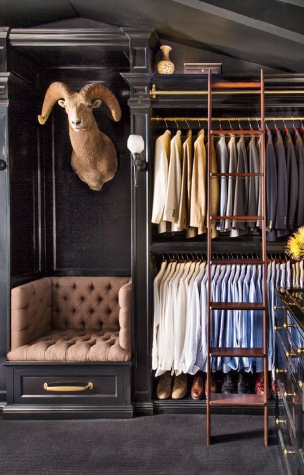 the closet is full of clothes and a chair with a deer's head on it