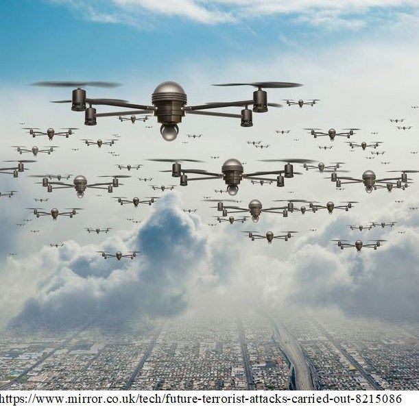 a large group of planes flying in the sky over a city with lots of clouds