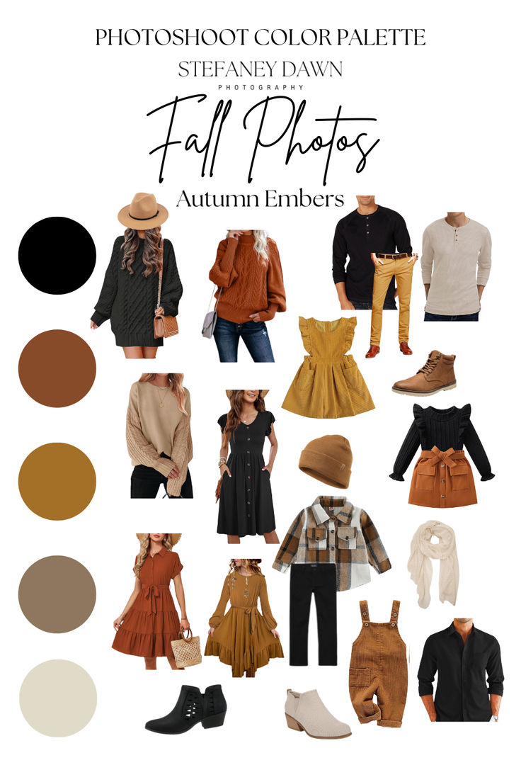 Rich and luxurious fall color palette with deep tones. Fall Outfit Ideas Photoshoot, Fall Colors For Photoshoot, Fall Family Pictures Outfits Country, Autumn Outfits For Photoshoot, Fall Family Photos Color Scheme Jeans, Fall Sessions Photography, Fall Theme Family Photoshoot, Fall Picture Day Outfits, Color Schemes For Photo Shoots