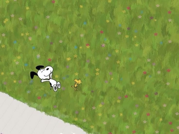 a cartoon dog chasing a small yellow bird in the middle of a grassy area with flowers on it