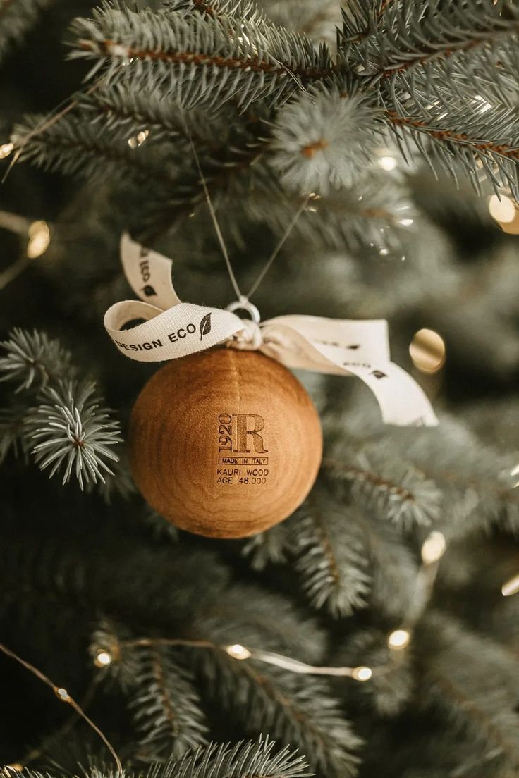 a wooden ornament hanging from the top of a christmas tree