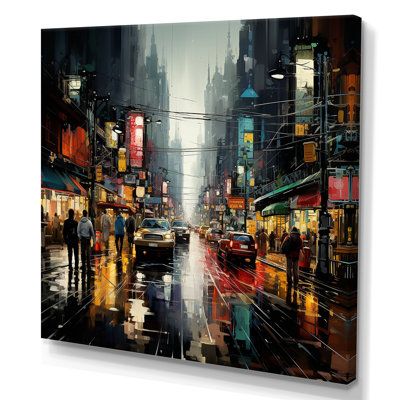 a painting of people walking in the rain on a city street with cars and buildings