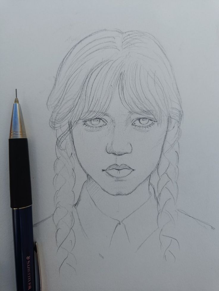 a pencil drawing of a girl with braids