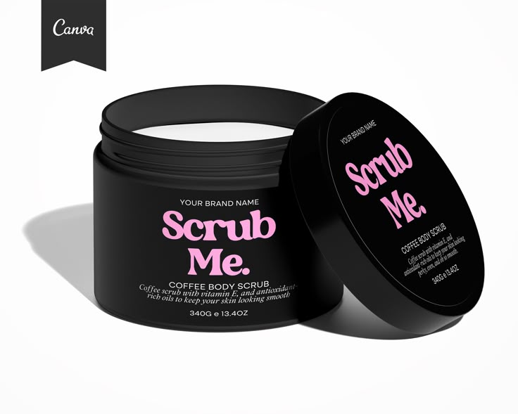 a jar of scrub me coffee body scrub sitting next to it's lid on a white background