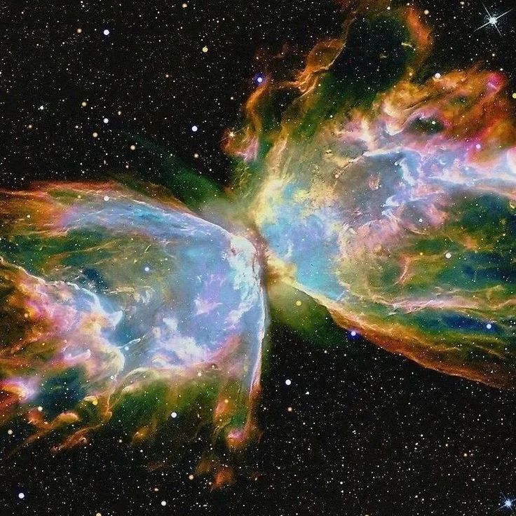 an image of a butterfly shaped object in the sky with stars and dust around it