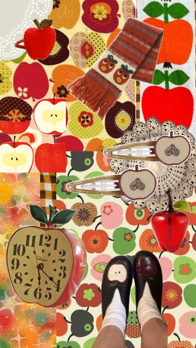 a person standing in front of an apple wallpaper with apples and clocks on it