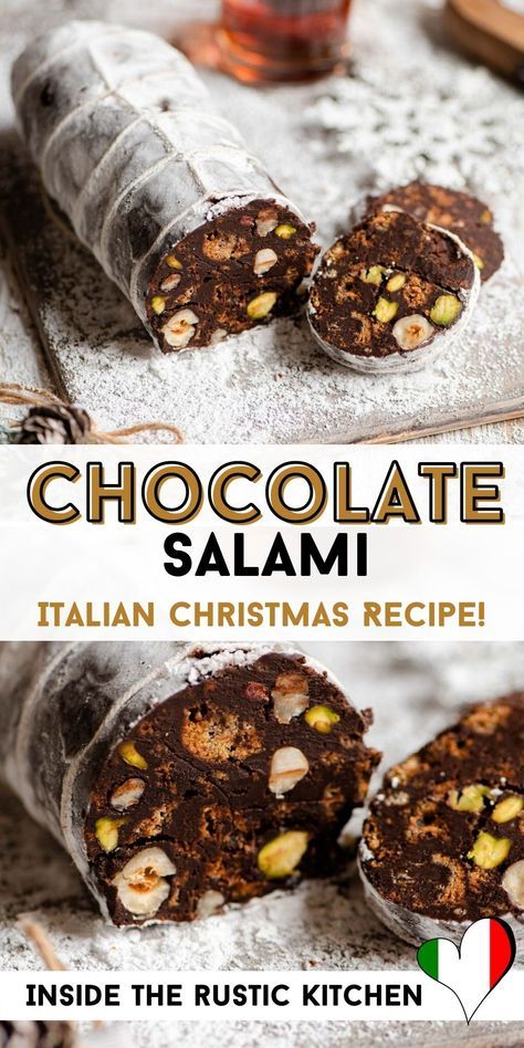 chocolate salami with nuts and pistachios in the middle