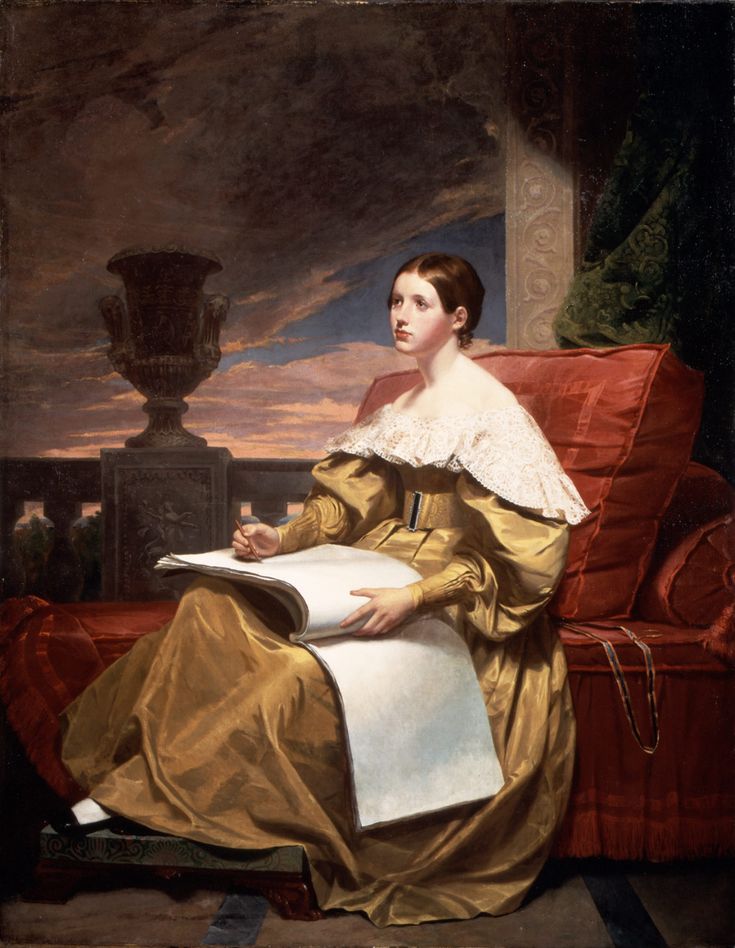 a painting of a woman sitting on a red couch with a book in her lap