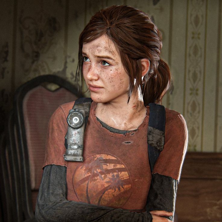 the last of us character is standing in front of a chair with her arms crossed