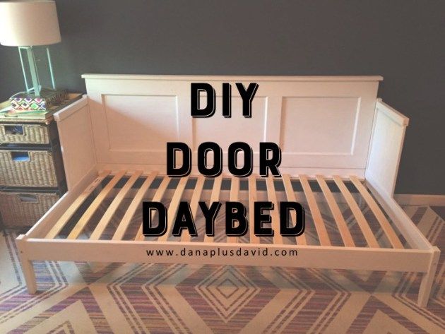 a white bed frame with the words diy door daybed on it in black