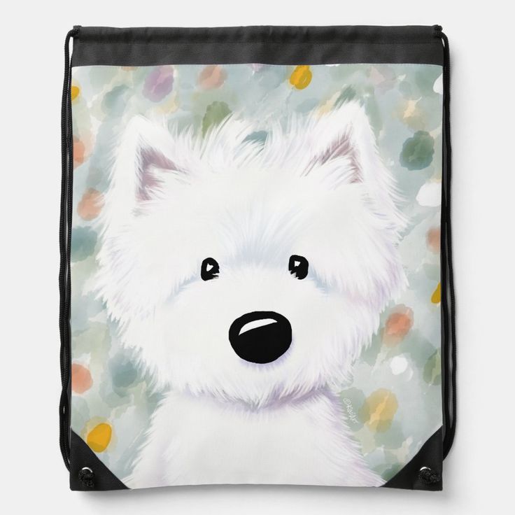 a drawsack bag with a white dog's face painted on the front and side