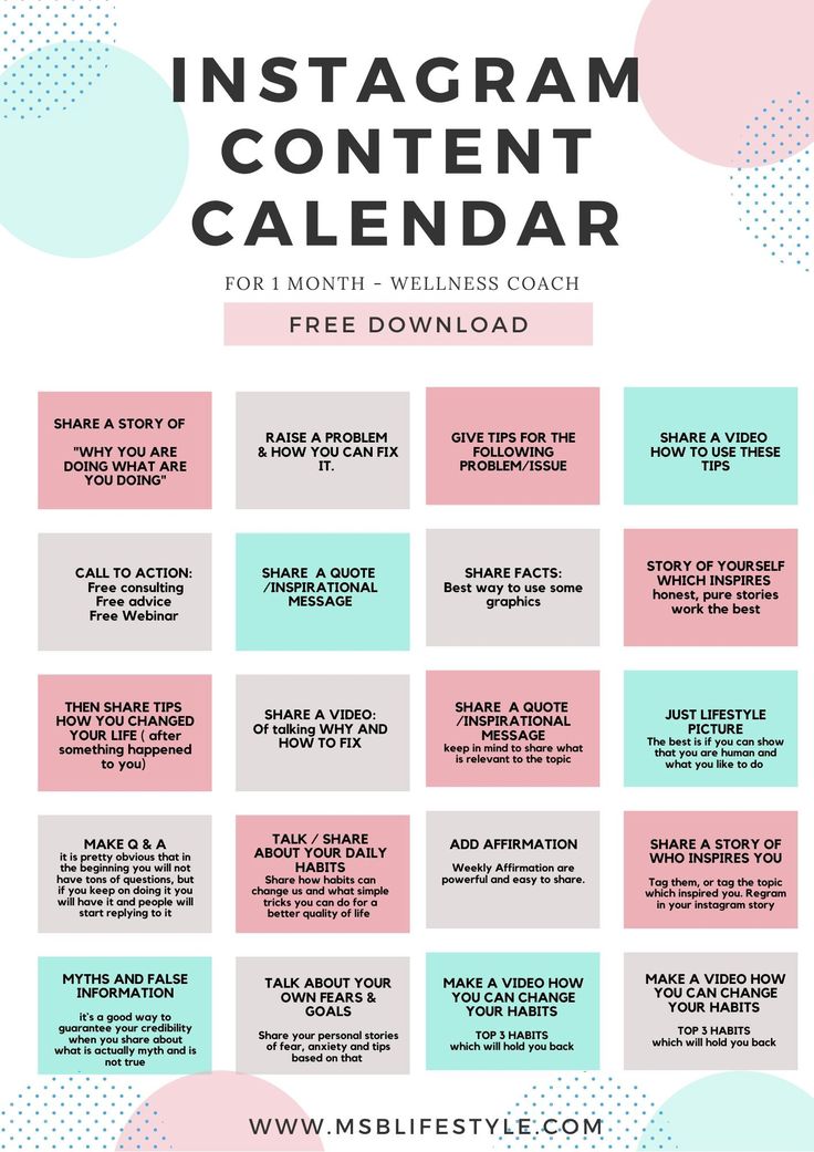 the instagramm content calendar is shown in pink, blue and green colors with polka dots