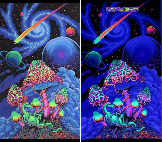 two paintings with different colors and shapes on them, one in the process of being lit up