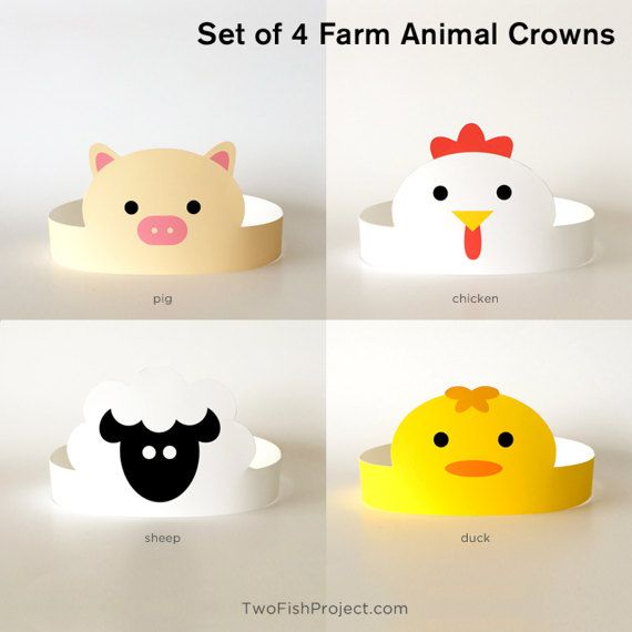 four farm animal crowns are shown with the words, set of 4 farm animal crowns