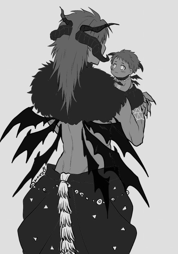 a drawing of a demon holding a baby in his arms and looking at the camera