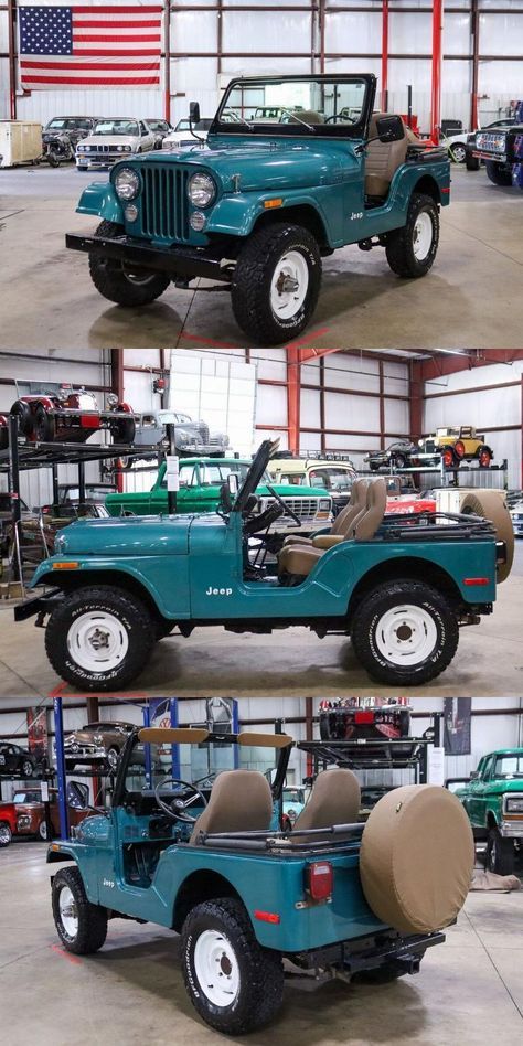 four different pictures of jeeps in a garage