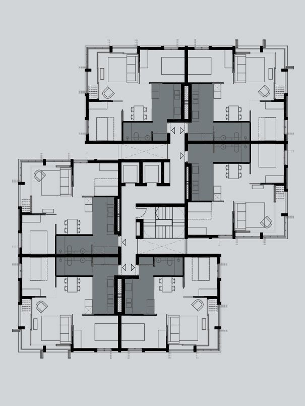 the floor plan for an apartment building with three levels and four rooms, all connected to each other