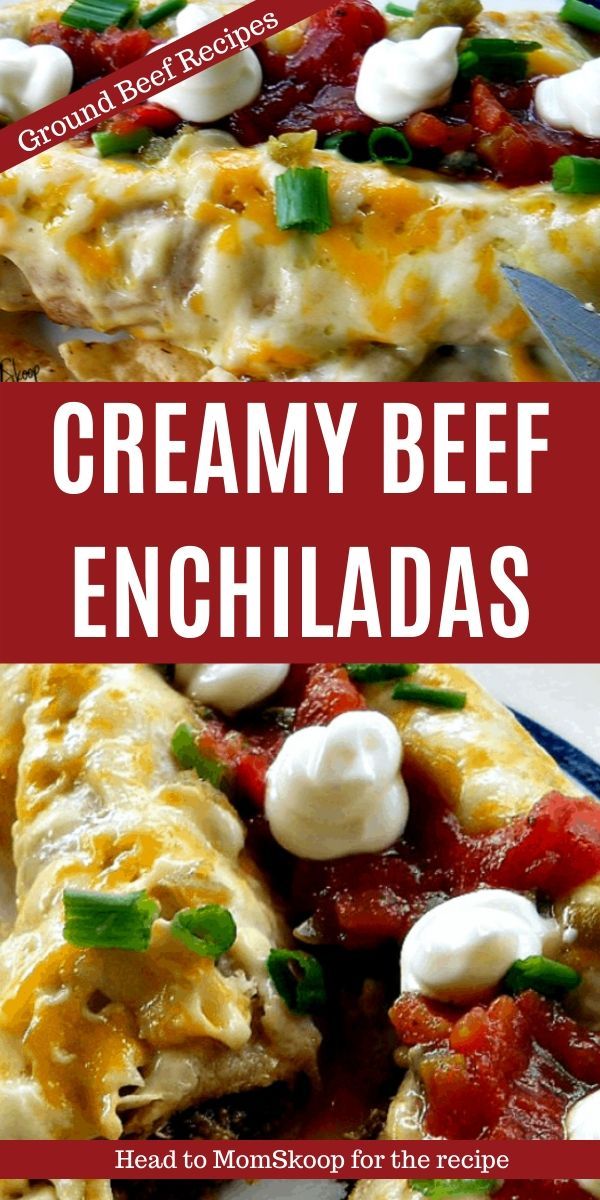 two pictures with the words creamy beef enchiladas on top and below them