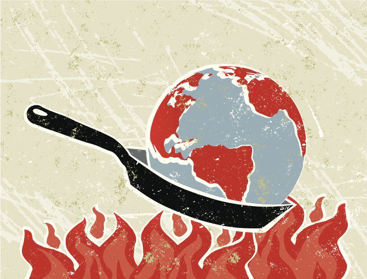 an illustration of a frying pan on fire with the earth in it