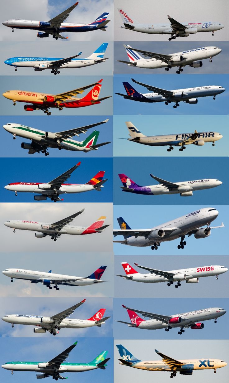 many different types of airplanes flying in the sky together, all with their landing gear down