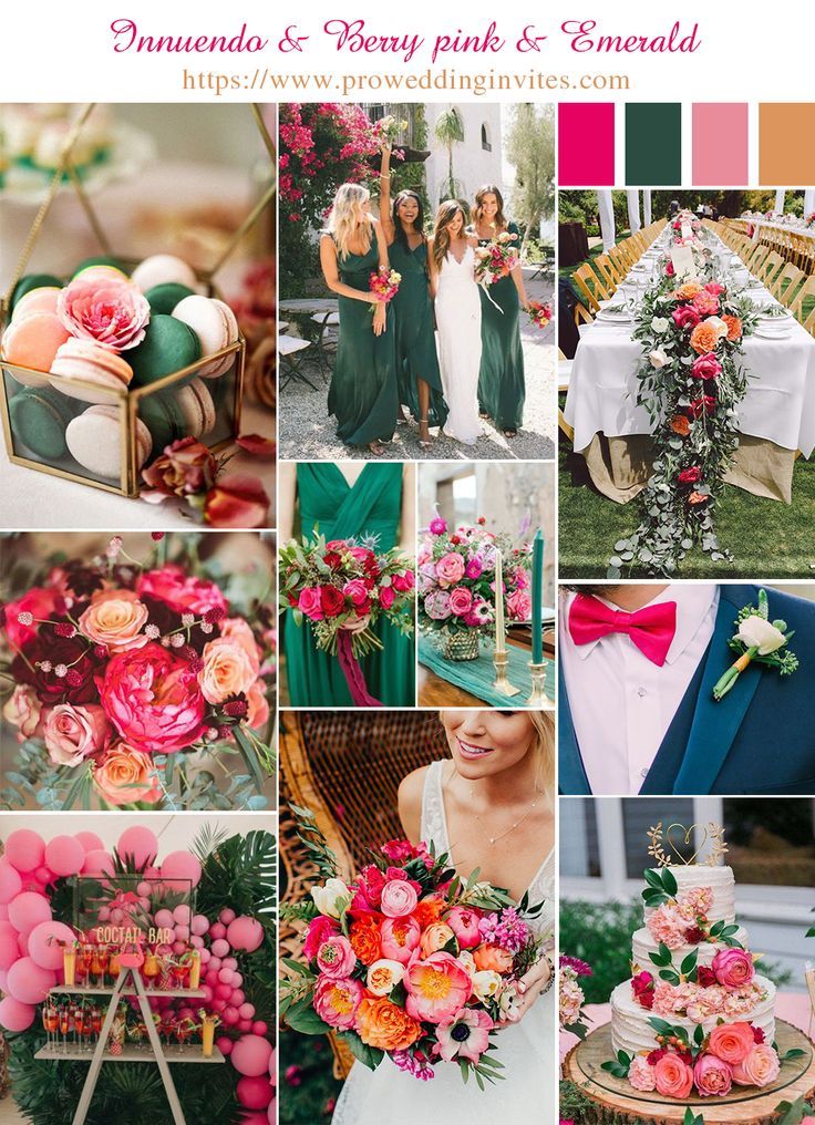 a collage of pink, green and red wedding color palettes with text overlay