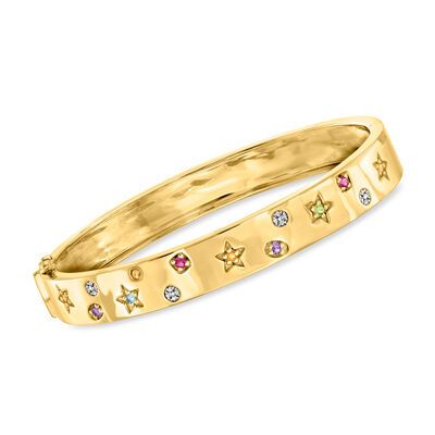 .30 ct. t.w. Multi-Gemstone Celestial Bangle Bracelet with Diamond Accents in 18kt Gold Over Sterling | Ross-Simons Star Bangle, Emerald Necklace Pendant, Lapis Jewelry, Stone Bangle, Emerald Pendant, Citrine Stone, Yellow Stone, Girly Jewelry, Amethyst Stone