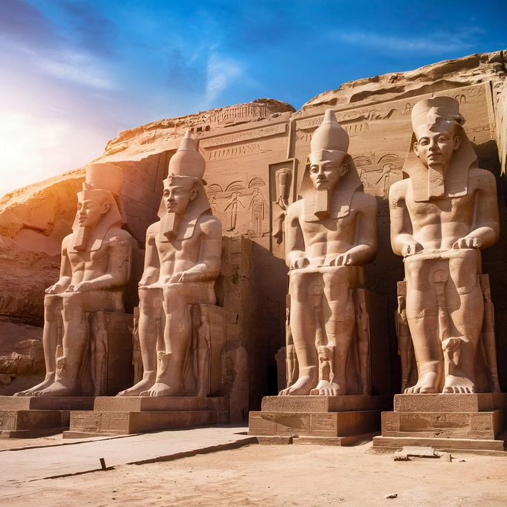 statues of egyptian gods and goddesss in front of the great temple at abut