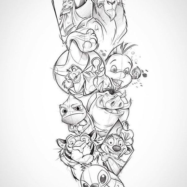 the lion king tattoo design is shown in black and white, with many different characters on it